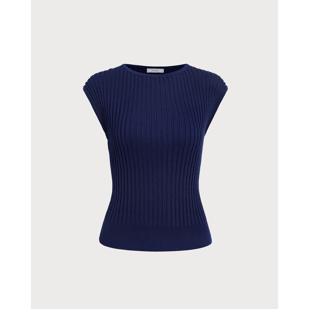 RIHOAS Navy Blue Boat Neck Ribbed Cap Sleeve Knit Tee Shirt Large